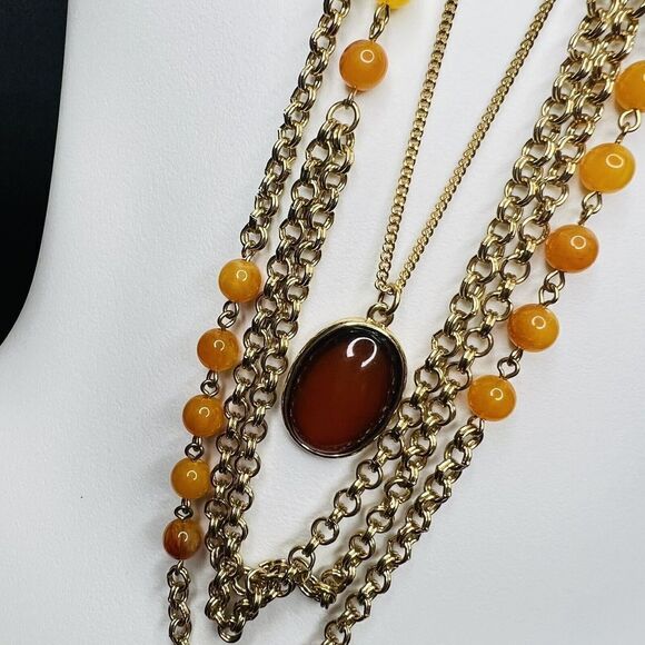 Long Multi Strand Layered Gold Tone wine Red Cabochon Necklace Amber Beads 4181 - Picture 4 of 9